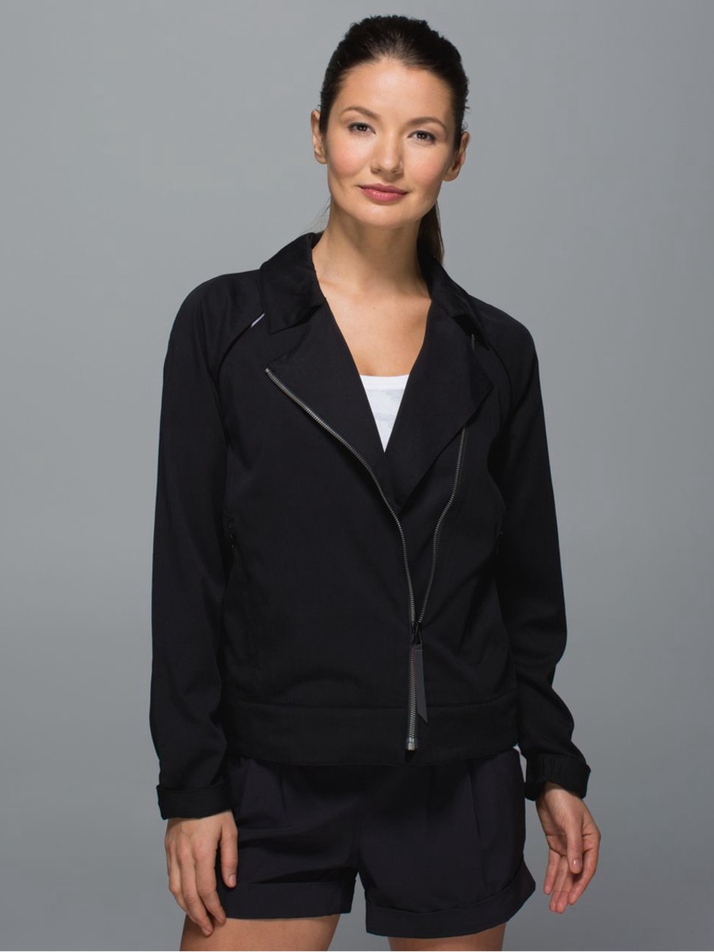 Lululemon Athletics Black Asymmetric Zip Bomber Jacket Sz 6